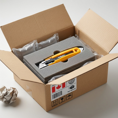 Yellow Olfa SK-9 safety knife securely packed in a shipping box with foam and air pillows.