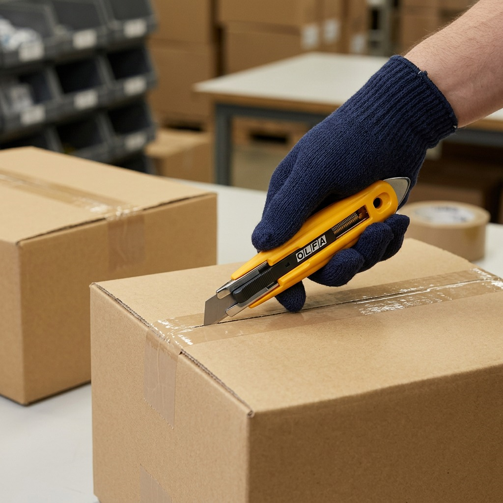 Gloved hand using an Olfa SK-9 safety knife to cut tape on a cardboard box in a warehouse setting.
