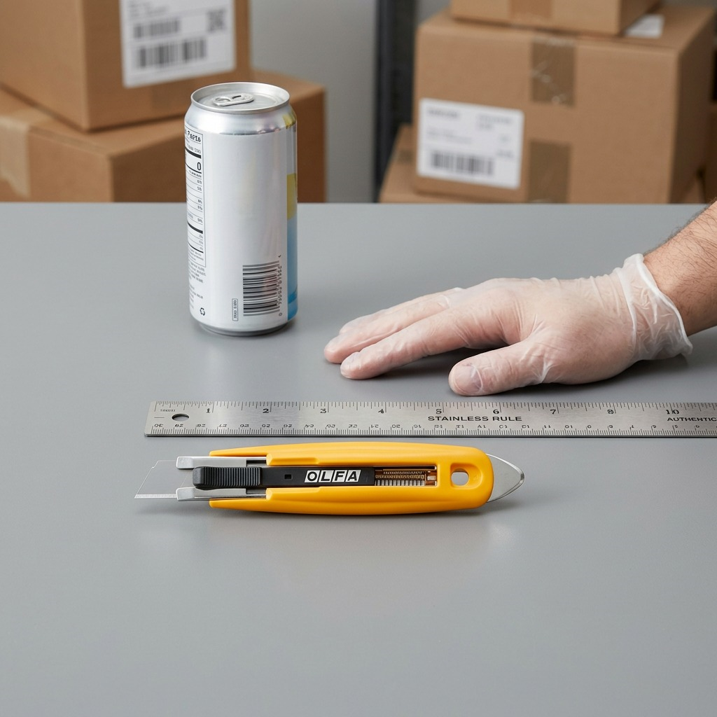 Olfa SK-9 safety knife shown next to a ruler, hand, and soda can for scale reference.
