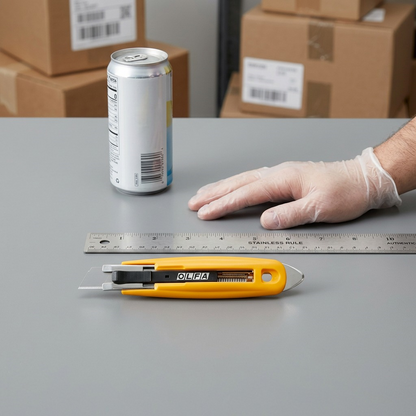 Olfa SK-9 safety knife shown next to a ruler, hand, and soda can for scale reference.