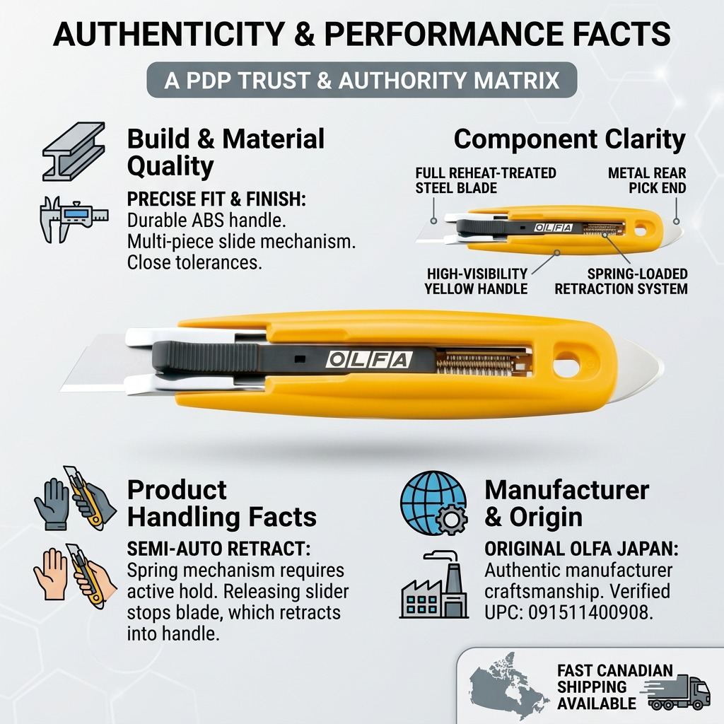 Infographic showing Olfa SK-9 safety knife features: ABS handle, steel blade, and semi-auto retract.