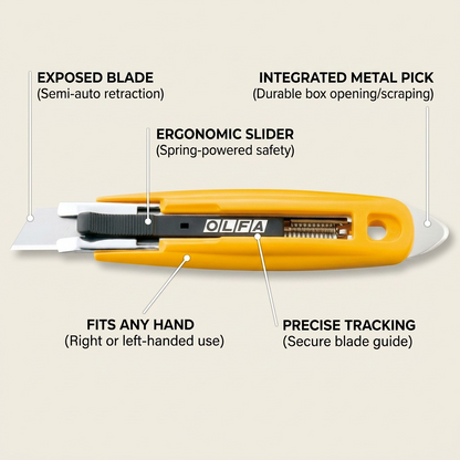 Olfa SK-9 safety knife feature callouts: semi-auto blade, ergonomic slider, and integrated metal pick.