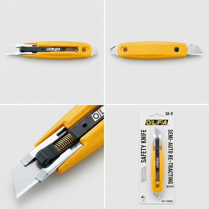 Grid showing Olfa SK-9 safety knife front, back, retractable blade close-up, and retail packaging.