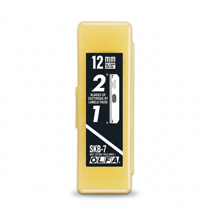 Hero shot of Olfa SKB-7/10B 10-pack safety blades in yellow case on white background with clean shadow.