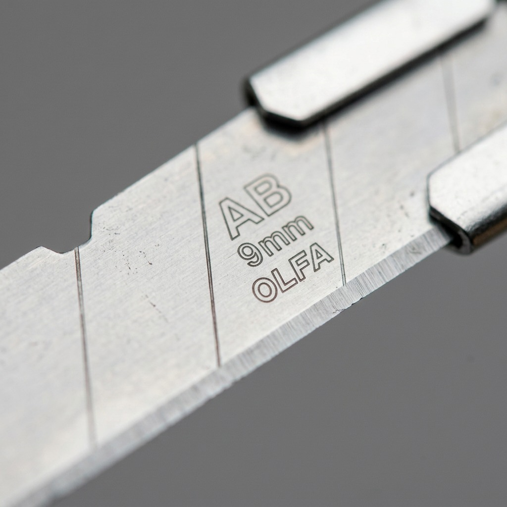 Extreme macro view of the original etched text on the silver steel snap-off utility blade.