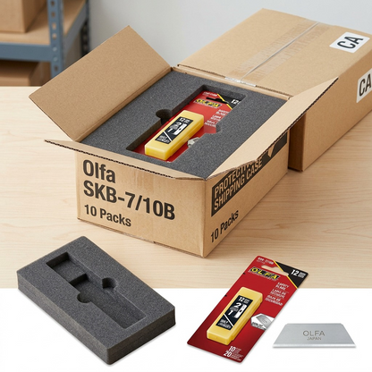 Olfa blades in a secure, foam-lined shipping box, minimizing damage anxiety for a confident unboxing.