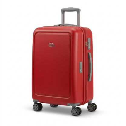 Red Bugatti Birmingham carry-on hardside luggage with dual spinner wheels and telescopic handle.