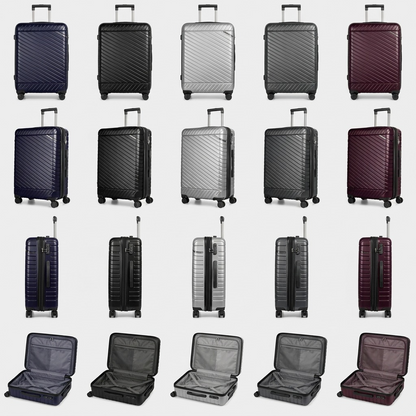 A matrix grid showing Bugatti Oslo carry-on luggage in five colors and four different view angles.