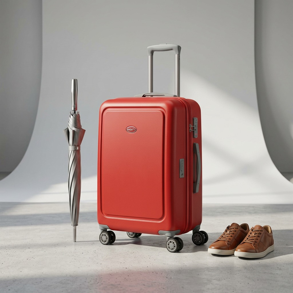 Red Bugatti Birmingham carry-on suitcase shown for scale beside an umbrella and a pair of shoes.