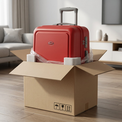 Red Bugatti Birmingham carry-on luggage inside a protective cardboard box with foam corners.