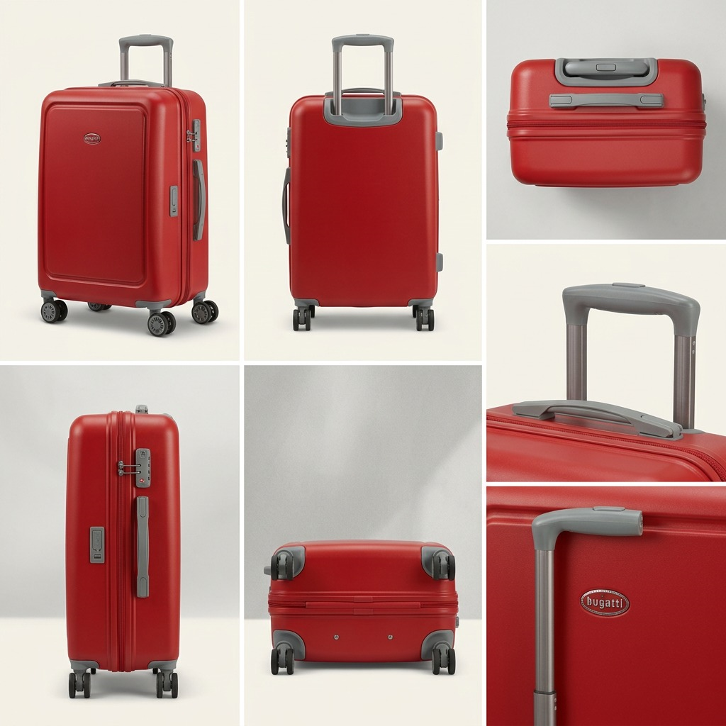 Visual matrix of the red Bugatti Birmingham Carry-On showing front, side, back, and wheel views.
