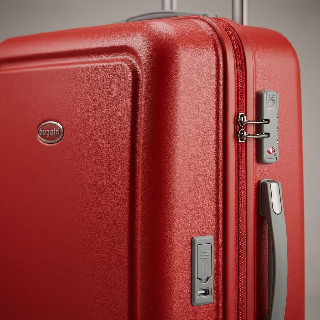 Macro detail of a red Bugatti Birmingham carry-on showing hardside texture, TSA lock, and USB port.