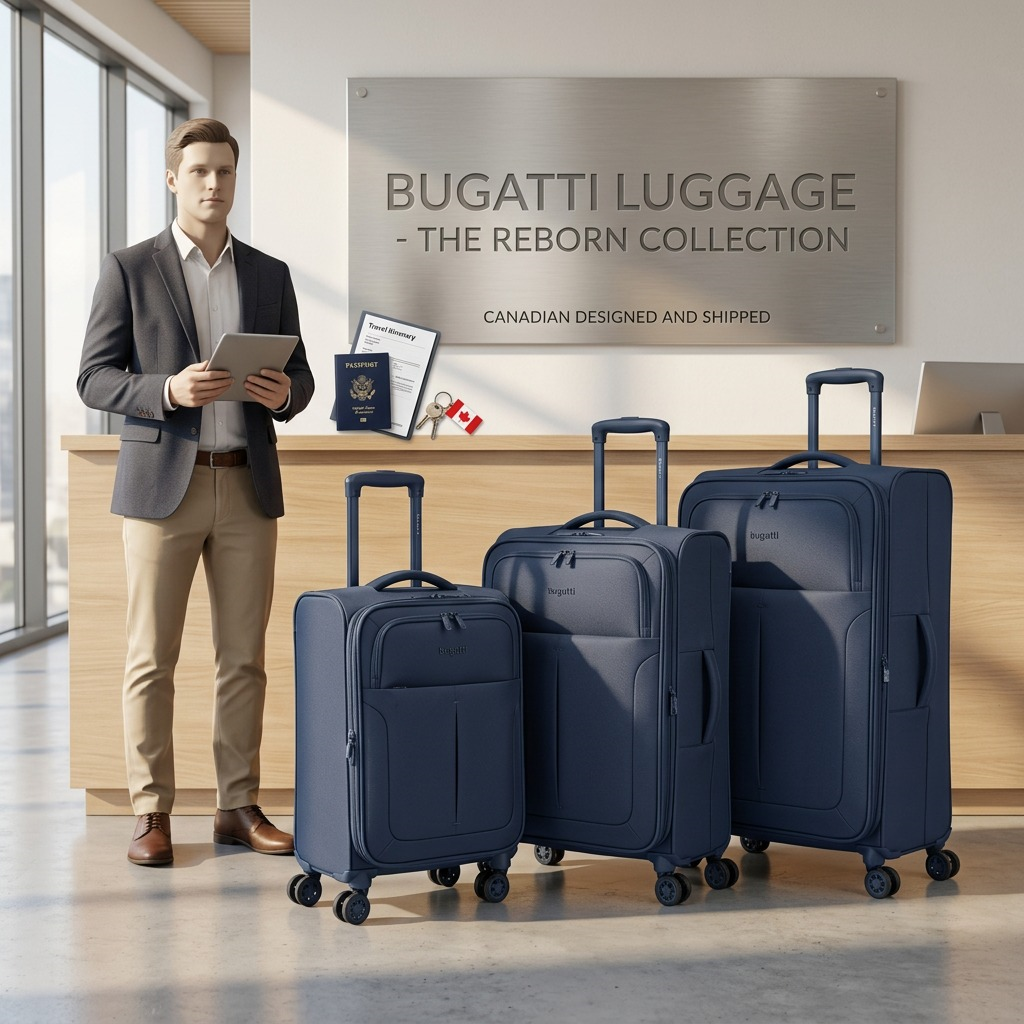 Bugatti Reborn 3-piece navy luggage set shown beside a man for scale in a bright airport lounge.