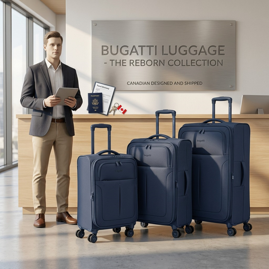 Bugatti Reborn 3-piece navy luggage set shown beside a man for scale in a bright airport lounge.