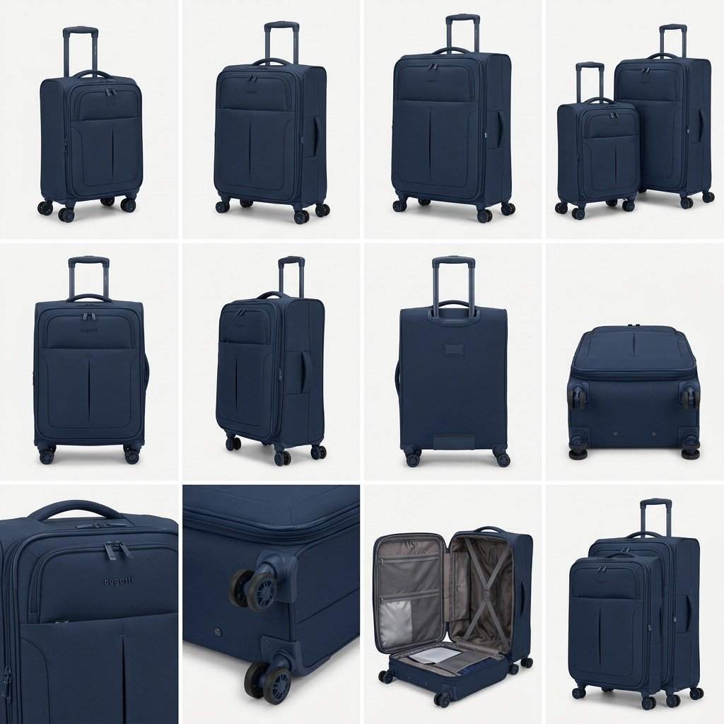Grid of Bugatti Reborn navy luggage showing different sizes, 360 spinner wheels, and open interior.