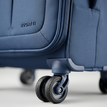 Close-up of navy Bugatti Reborn luggage featuring 360-degree spinner wheels and durable fabric.