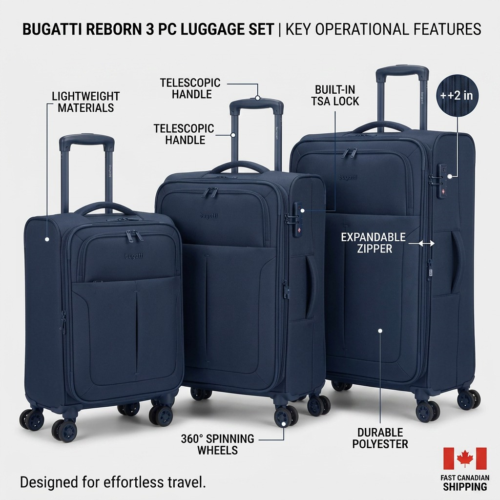Bugatti Reborn 3-piece navy luggage set featuring TSA locks, 360 wheels, and expandable zippers.