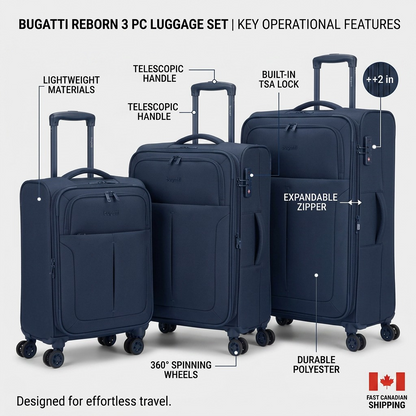 Bugatti Reborn 3-piece navy luggage set featuring TSA locks, 360 wheels, and expandable zippers.