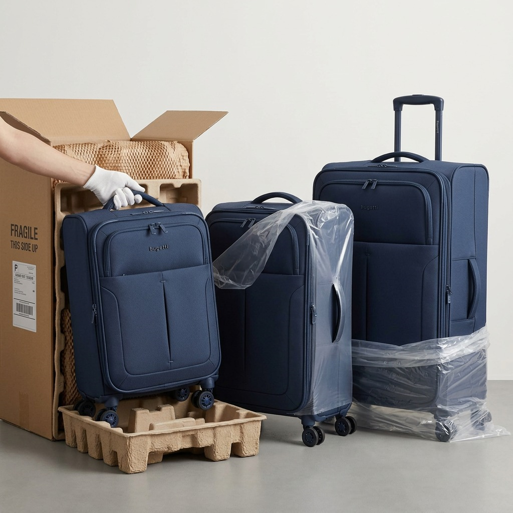 Bugatti Reborn navy luggage set being unpacked from a shipping box with protective materials.