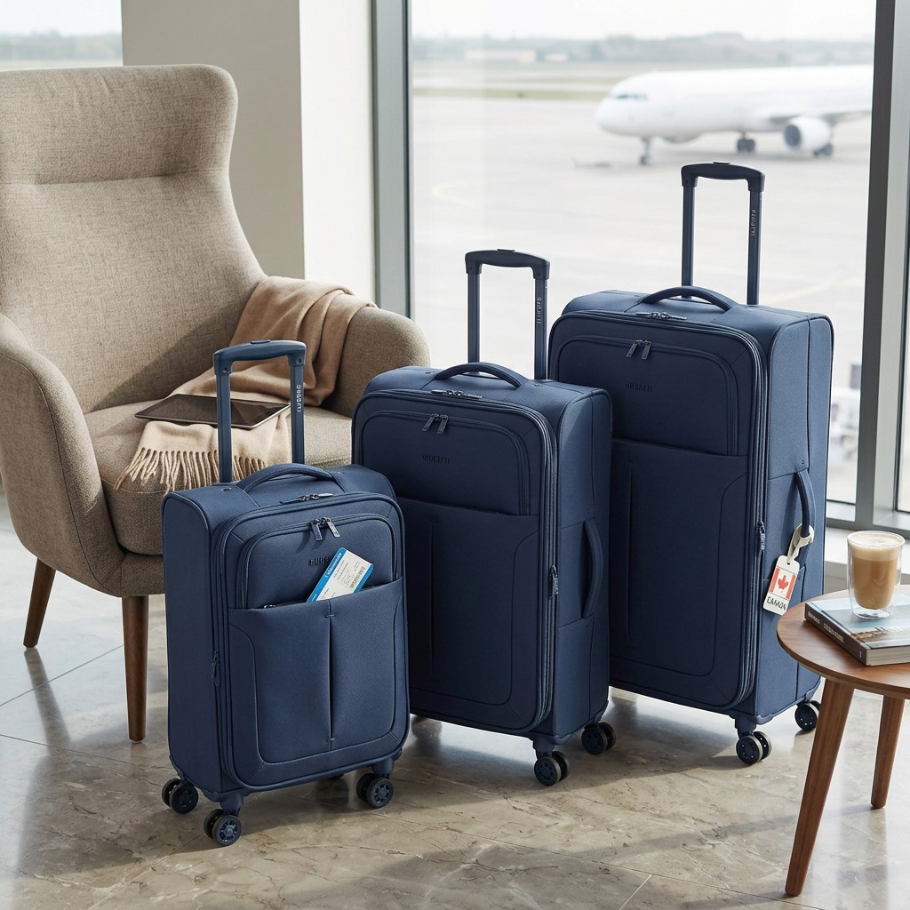 A Bugatti Reborn navy 3-piece softside luggage set stands in an airport lounge by a large window.