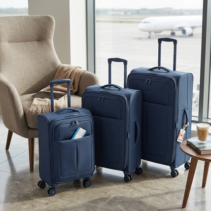 A Bugatti Reborn navy 3-piece softside luggage set stands in an airport lounge by a large window.