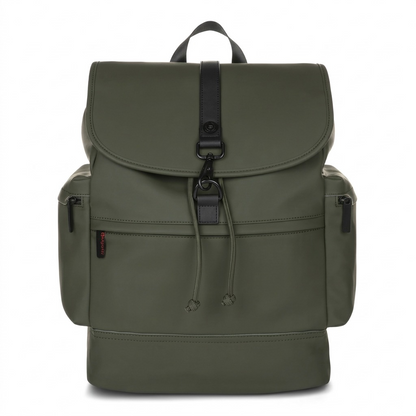 Front view of the Bugatti EDITION22 Core Khaki Backpack in water-resistant vegan leather.