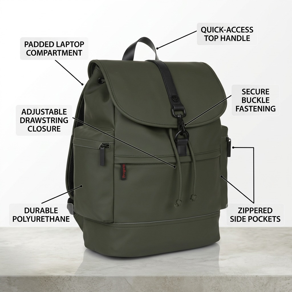 Khaki Bugatti EDITION22 Core Backpack showing laptop compartment, buckle, and drawstring closure.