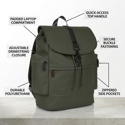 Khaki Bugatti EDITION22 Core Backpack showing laptop compartment, buckle, and drawstring closure.