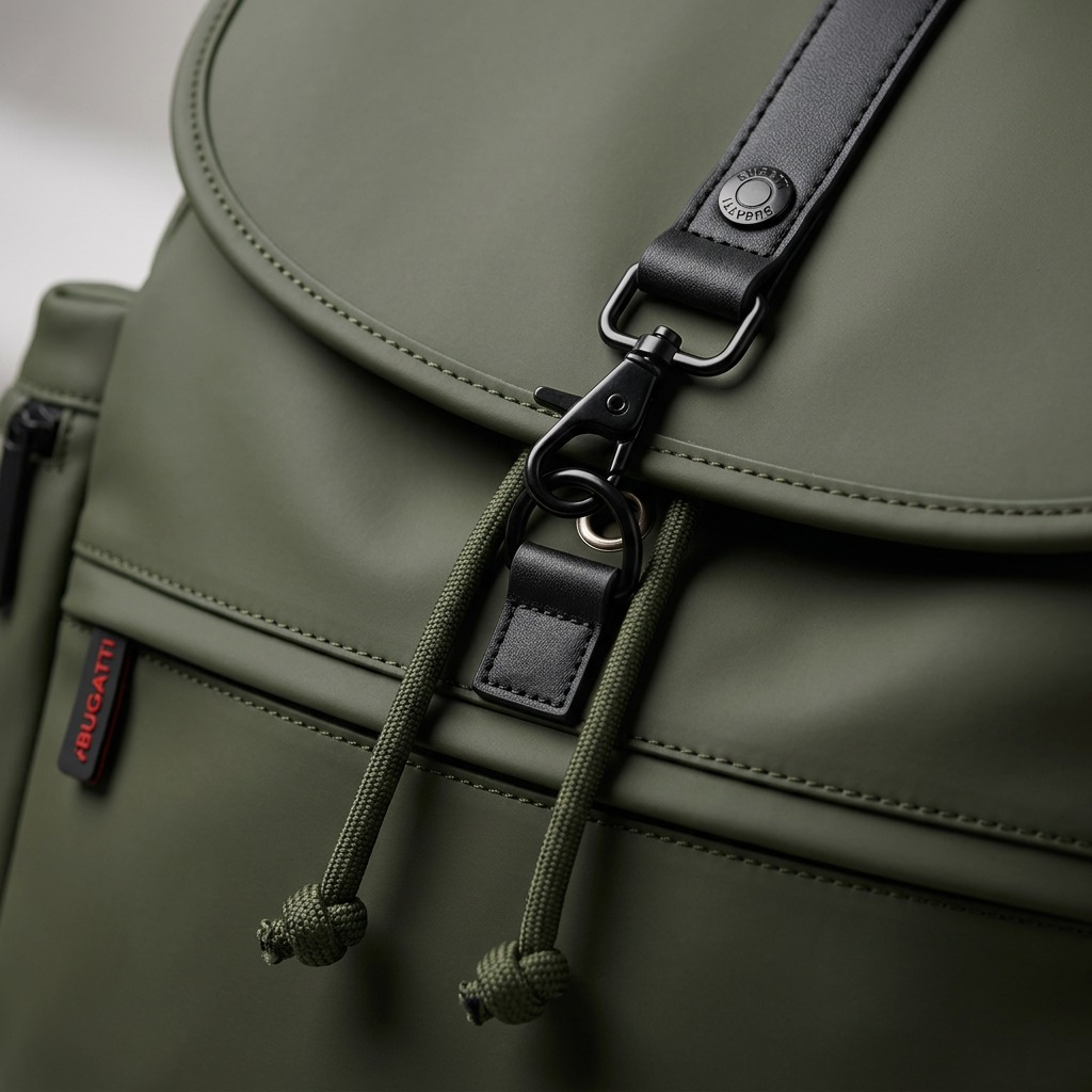 Macro detail of Bugatti Core Backpack in khaki featuring matte hardware, clasp, and drawstrings.
