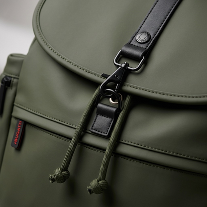 Macro detail of Bugatti Core Backpack in khaki featuring matte hardware, clasp, and drawstrings.