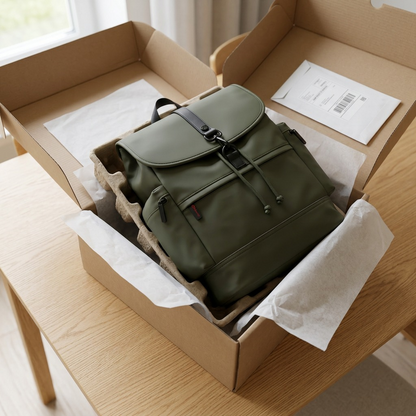 Unboxing a khaki Bugatti EDITION22 Core Backpack from a secure cardboard shipping box with tissue.