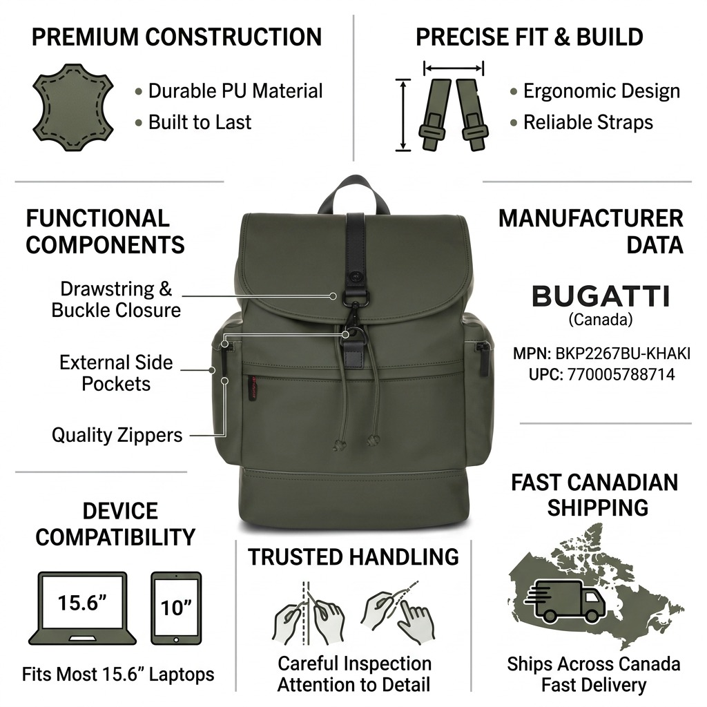 Bugatti Core Backpack infographic highlighting premium PU material, 15.6" laptop fit, and fast Canadian shipping.