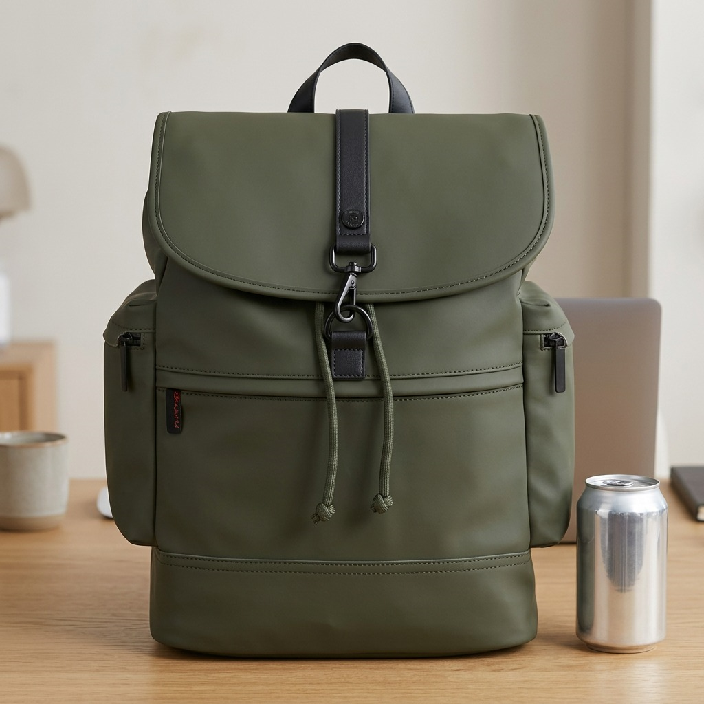 Khaki Bugatti EDITION22 Core Backpack shown on a desk next to a soda can for scale reference.