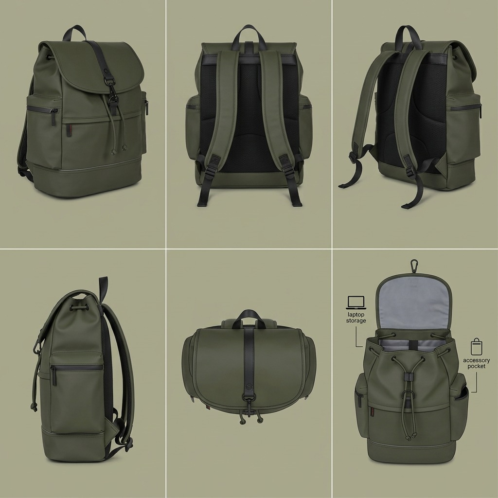 Six views of the khaki Bugatti Core Backpack showing front, back, side, top, and interior storage.