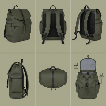 Six views of the khaki Bugatti Core Backpack showing front, back, side, top, and interior storage.