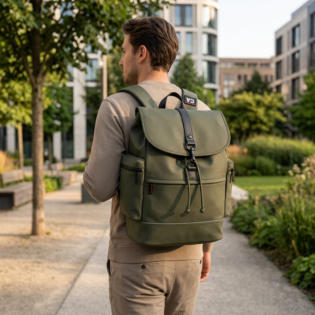 A man wearing the khaki Bugatti EDITION22 Core Backpack while walking through a sunny urban park.