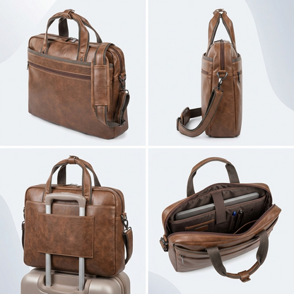 Four-view matrix of the Bugatti Valentino Cognac briefcase showing front, side, trolley pass-through, and open interior.