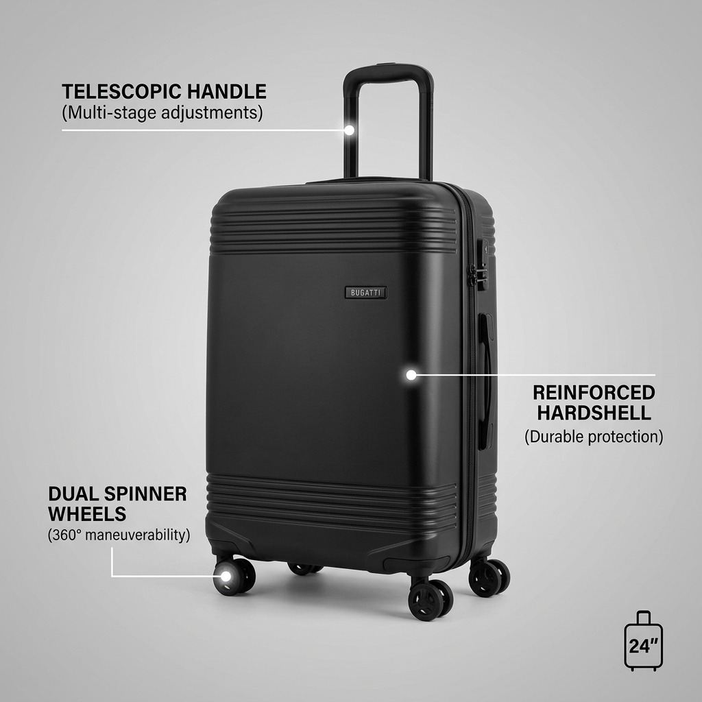 Bugatti Nashville 24-inch hardshell luggage features: telescopic handle, and dual spinner wheels.