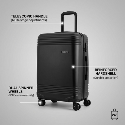 Bugatti Nashville 24-inch hardshell luggage features: telescopic handle, and dual spinner wheels.