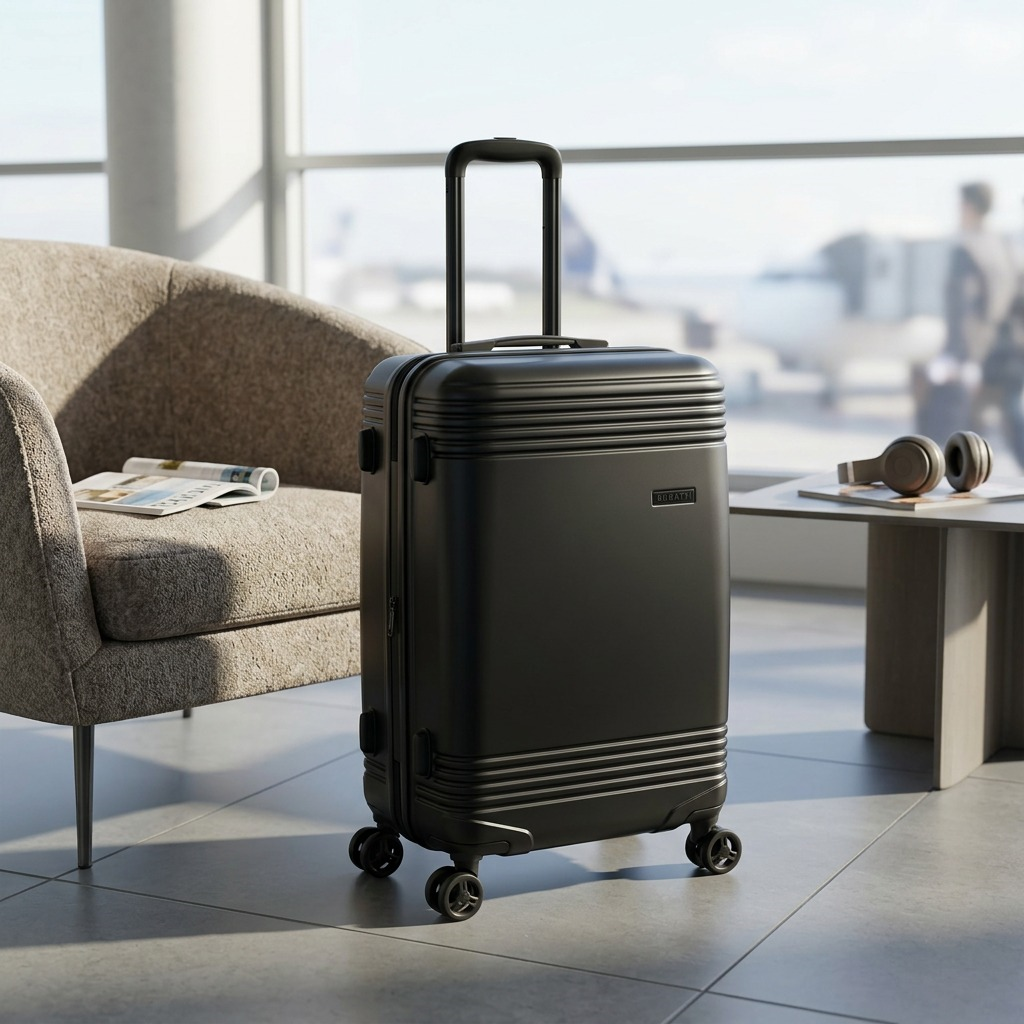 Bugatti Nashville 24-inch black checked luggage in an airport lounge with a view of an airplane.