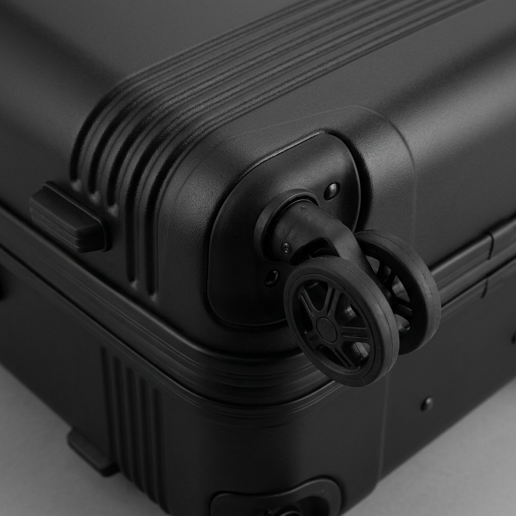 Macro view of a 360-degree spinner wheel and the textured black PET shell of Bugatti Nashville luggage.
