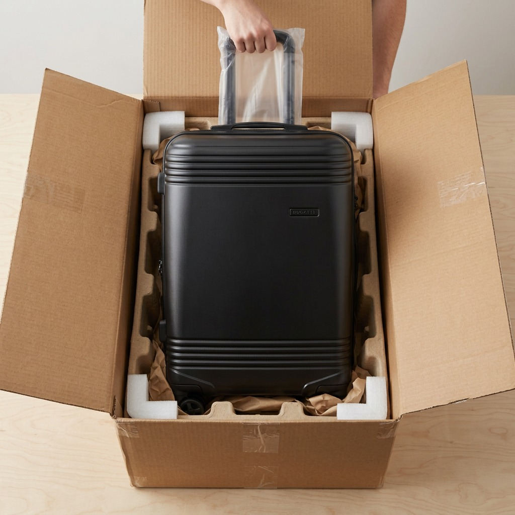 Black Bugatti Nashville 24-inch luggage securely packed in a cardboard box with foam protectors.