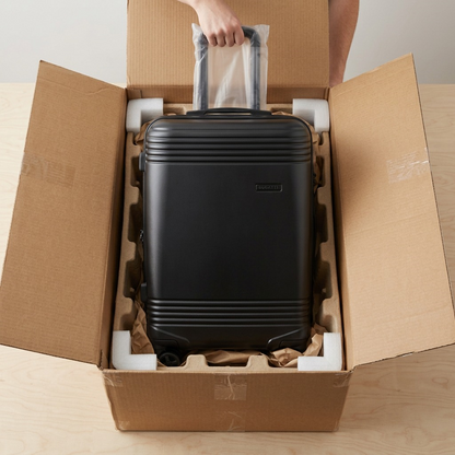 Black Bugatti Nashville 24-inch luggage securely packed in a cardboard box with foam protectors.