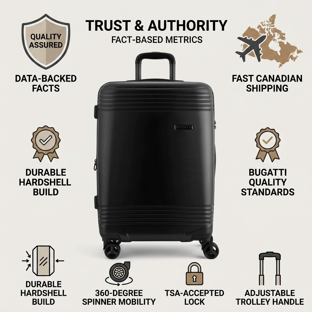 Bugatti Nashville 24-inch hardshell luggage infographic with TSA lock and 360-degree spinner wheels.