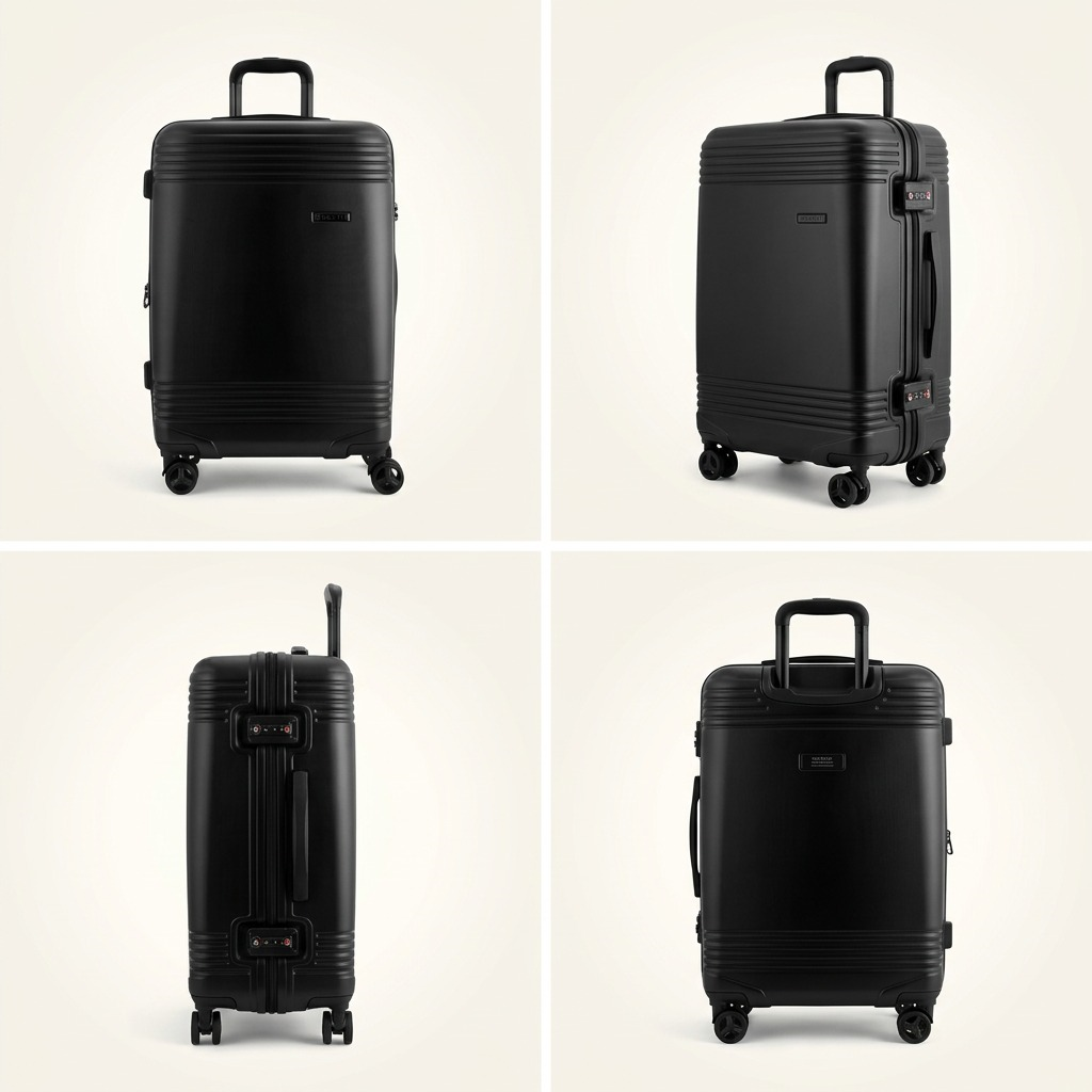 Four views of the black Bugatti Nashville 24-inch luggage showing the front, side, and back angles.