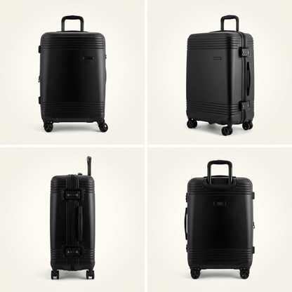 Four views of the black Bugatti Nashville 24-inch luggage showing the front, side, and back angles.