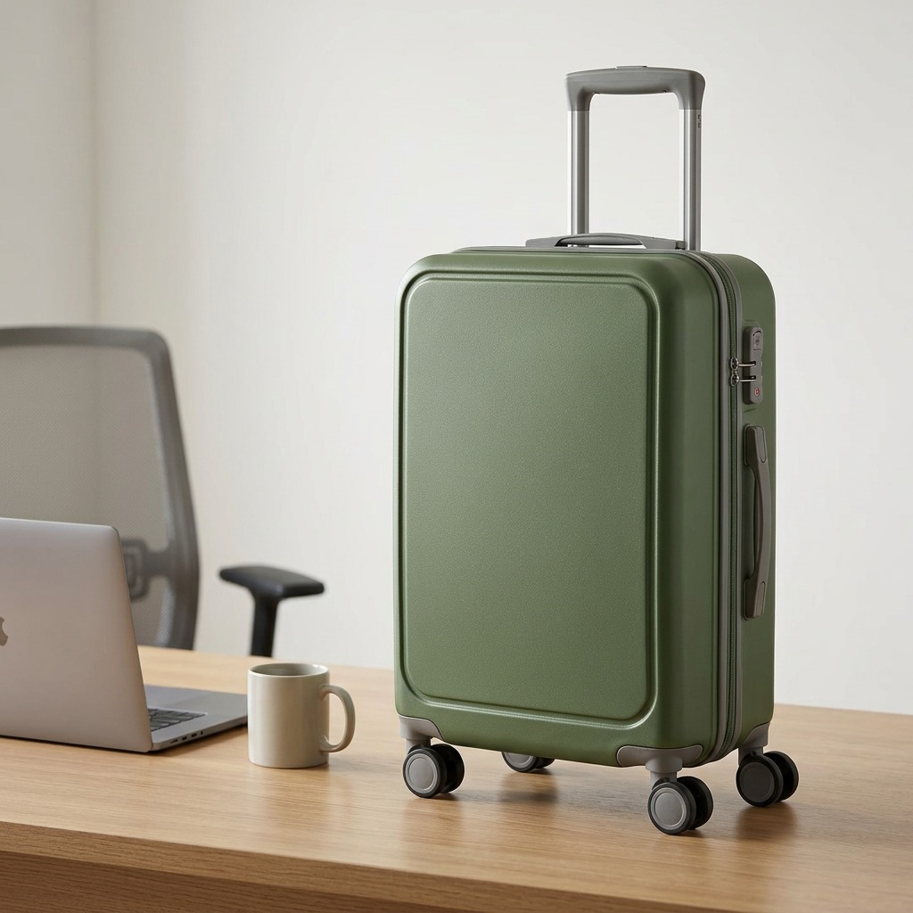 Green Bugatti Birmingham carry-on luggage on a desk beside a laptop and mug for size reference.