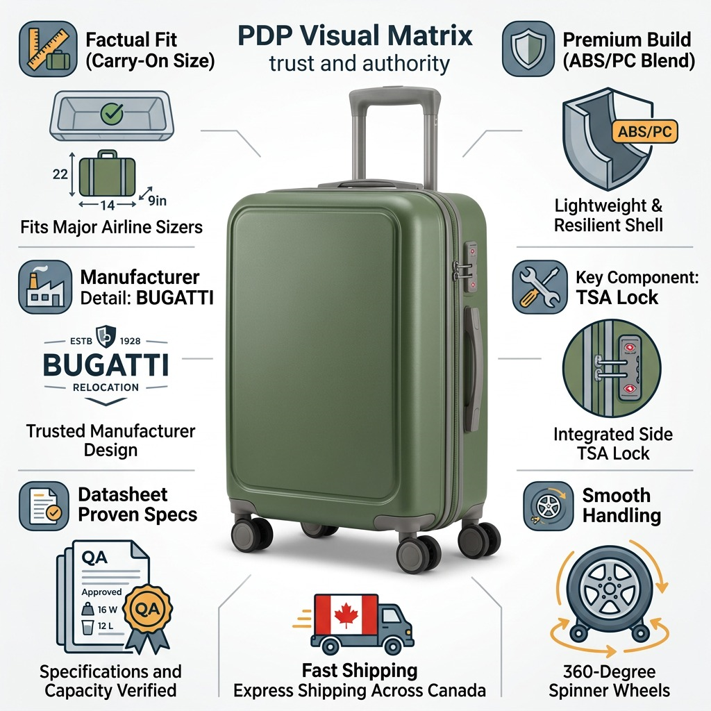 Bugatti Birmingham Carry-On infographic showing ABS/PC hardshell, TSA lock, and 360 spinner wheels.
