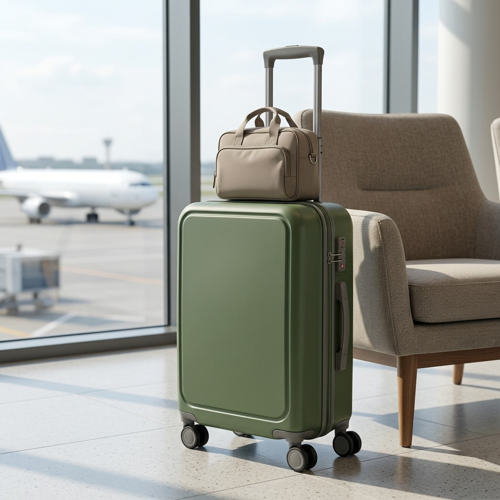 Green Bugatti Birmingham carry-on luggage with a beige travel bag in an airport lounge setting.