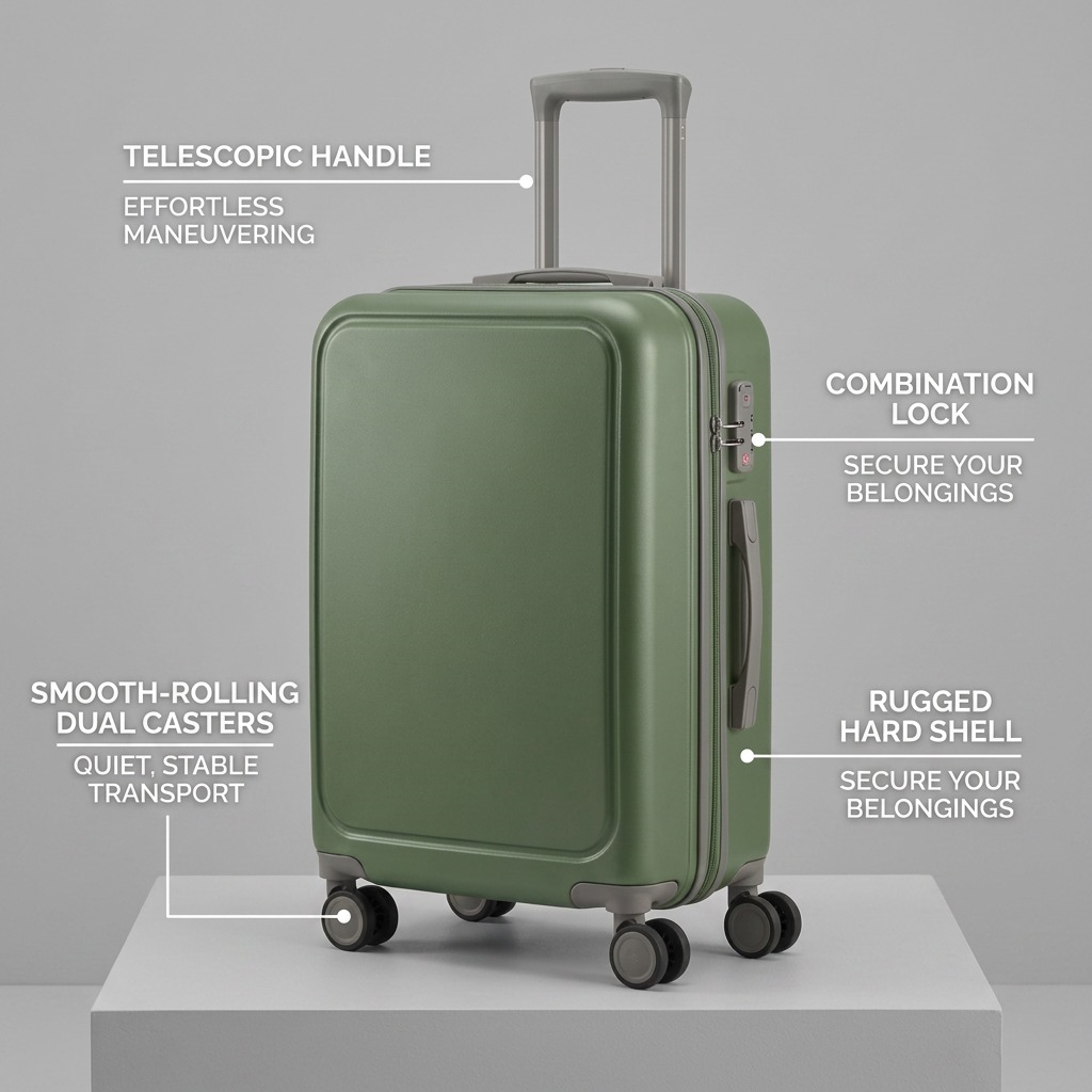 Feature graphic of the green Bugatti Birmingham carry-on showing the handle, lock, and wheels.